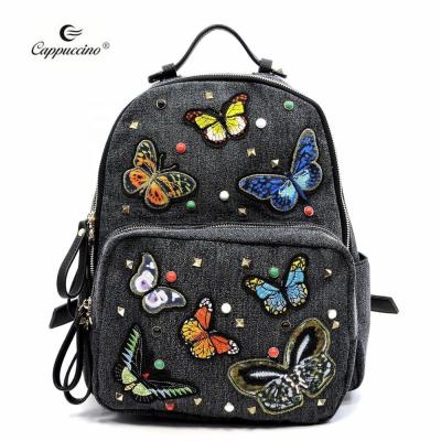 China 2019 new products butterfly embroidery denim backpack cappuccino butterfly embroidery denim backpack designer inspired handbag for sale