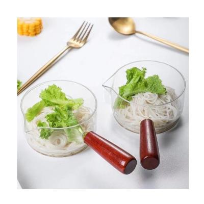 China 2022 Hot Sale High Quality Viable Borosilicate Glasses Cooking Glass Pots For Cooking Glass Pan With Wooden Handle for sale