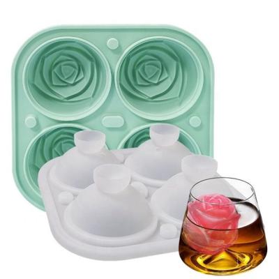 China Durable 4 Grid 3D Ice Cube Silicone Reusable Rose Shaped Ice Cream Mold Freezer Cream Ball Maker Whiskey Cocktail Mold Bar Tools for sale