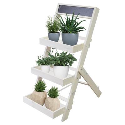 China Modern 3 Tiers Shelf Foldable White Wooden Flower Stairs with Chalkboard For Indoor and Outdoor Use for sale