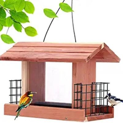 China Breathable Outdoor Tree Hanging Cage Wooden Bird Feeder Cages with Double Window and Holder  Combination for sale