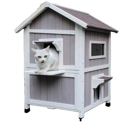 China Windproof High Quality Outdoor Large Wooden Cat House with Unique Wooden Cat House with Balcony Escape Door Weatherproof Feral Cat Shelter for sale