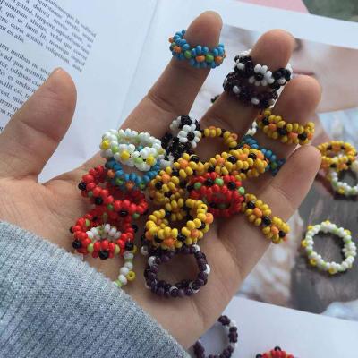 China BOHEMIA Bohemia Style Coloful Glass Bead Ring No Fade Handmade Woven Beaded Flower Ring for sale