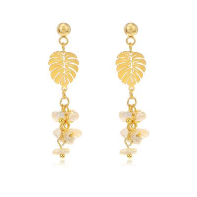 China FASHIONABLE 18K Gold Plated Smooth Leaves Bead Classy Tarnish Free Stainless Steel Leaves Dangle Earrings Long Beads Drop Earrings for sale