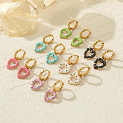 China 2022 FASHIONABLE Sweet Oil Drop Earrings 18K Gold Stainless Steel Rainbow Enamel Heart Huggie Hollow Drip Earring -in sky for sale