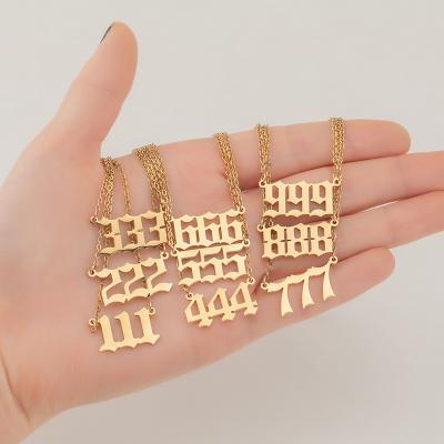 China Vintage Gold Filled Lucky Number Stainless Steel Necklace Old English Number 111-999 Angle Number Pendant Necklace for sale