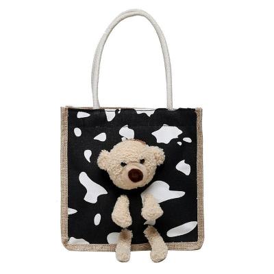 China PORTABLE in stock cotton handle cute lady's canvas shoulder bags little bear party girls bag cartoon armpit shopping bag for kids for sale