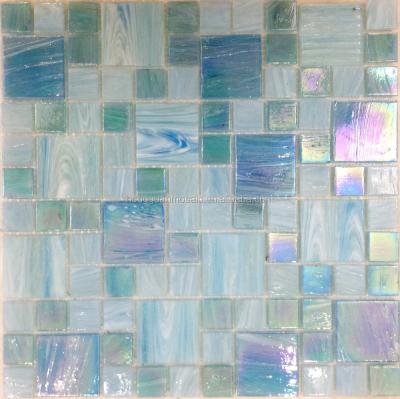 China Parquet Mosaic Slab Thickness 6mm Iridescent Glass Mosaic Slab Swimming Pool Glass Mosaic for sale