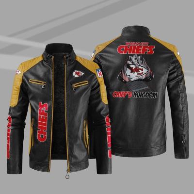 China Other Fasion Trademark Chiefs American Football Team CustomZipper Real Leather Motor Cycle Stand Collar Men Fashion Jackets New for sale