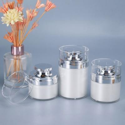 China Low Moq 30ml Plastic Cosmetic Packaging Jar Pump Skin Care Cosmetic Silver Airless Refillable Acrylic Container Cream Container for sale