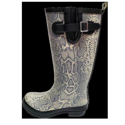 China Fashion trend tall women's rain boots with chic pattern and snakeskin gusset and buckle to adjust the calf for sale