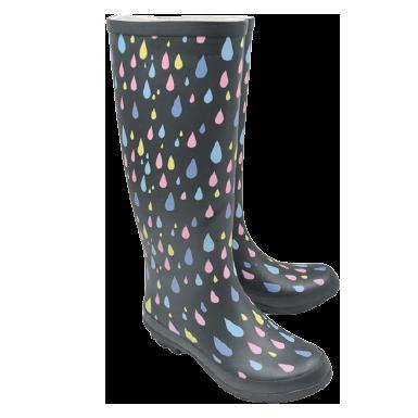 China Fashion trend tall women's rain boots with black base and beautiful raindrop pattern for sale