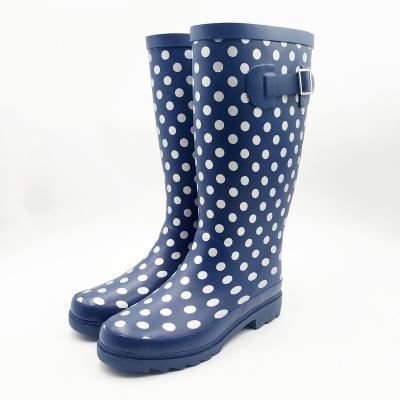 China Fashion trend tall blue women's rain boots with special metallic silver dots print and buckle on the outside for sale