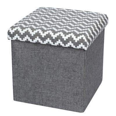 China Gray Linen Fabric Printed Folding Storage Foot Rest Ottoman Foldable Pouf for sale