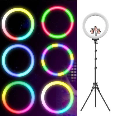 China RK61 RGB 13 inch ring light selfie ring light with tripod stand and 3 phone holdes round shape for sale