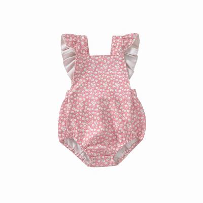 China Floral Print Polyester/Cotton Pink Ruffle Design Lace Jumpsuit Summer Girl Baby Knitted Rompers Baby Cotton Sleeveless Newborn Romper for sale