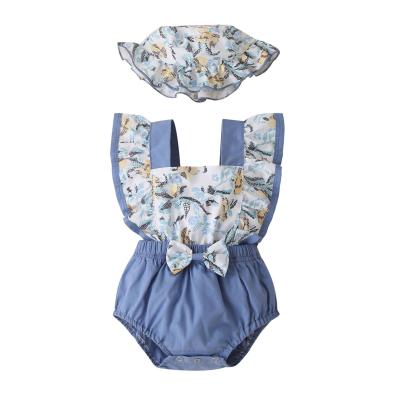 China Cotton 100% Floral Knitted Jumpsuit Sets Fly Sleeves Infant Baby Jumpsuit Summer Clothes Babies' Romper With Hat for sale