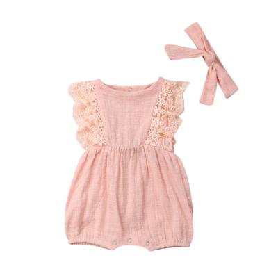 China 100% Cotton Lace Design Babies Clothing Sets Summer Breathable Baby One Piece Rompers With Headband for sale