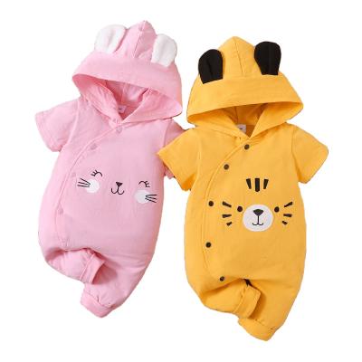 China Cute Newborn Print Short Pajamas Cartoon Hooded 100% Cotton Infant Baby Romper Sleeve Jumpsuit for sale