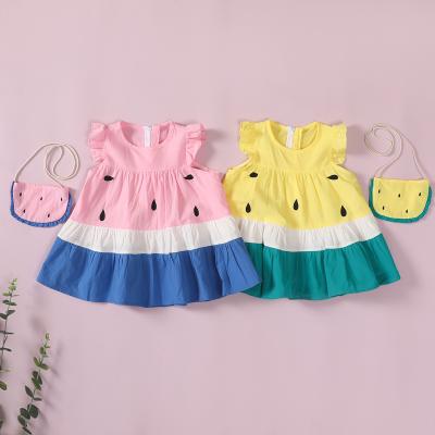 China Anti-wrinkle summer kids clothes fruit design patchwork dress baby sleeveless dresses with bag for sale