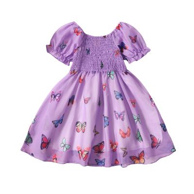 China Anti-wrinkle summer children's clothing butterflies printing lantern sleeves dresses baby purple chiffon dresses for sale