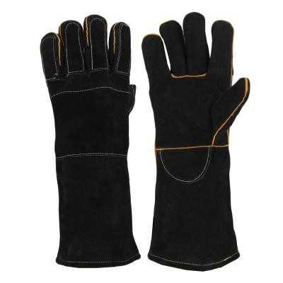 China Double Leather On Fingers And Logo Fire Resistant Cow Split Custom Back Leather Tig Welding Gloves / BBQ Hand Welder Work Gloves For Chimney Protector for sale