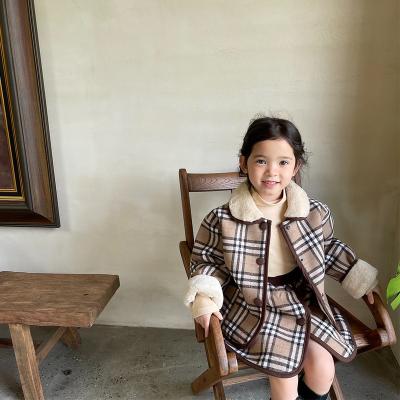 China New Casual Winter Item Girls Sets Plaid Print Coat and 2 Piece Skirt Kids Sets Fleece Girls Set for sale