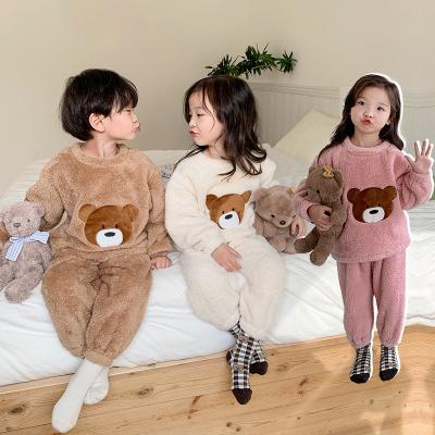 China 90% Polyester 10%Cotton New Winter Girls Shear Sleepwear Cute Bear Printing Round Collar Kids Pajamas Set Kids Girls Lounge-wear Set OEM for sale