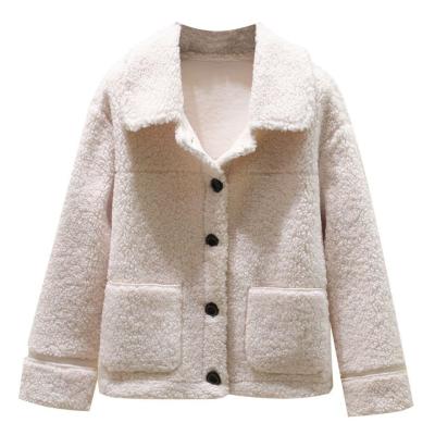 China cwt58 lambskin windproof coat for women long sleeve with heavy coat for ladies loose lapel printing casual jacket for sale