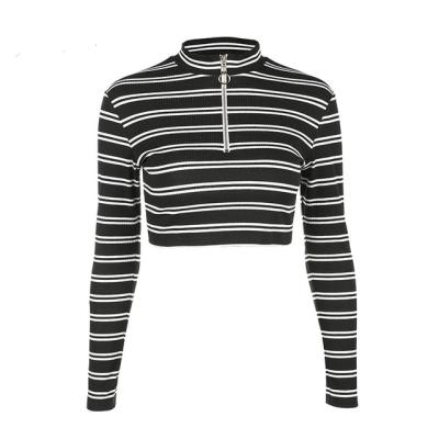 China Anti-pilling Women Striped Crop Hoodie High Zipper Casual Women Crop Hoodies Sweatshirt Tops for sale