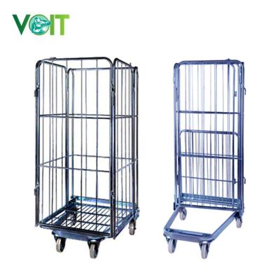 China Stackable Foldable Adjustable Shelving Customized Medium Duty Zinc Galvanized Stackable Warehouse Steel 4 Sides Roll Container for sale