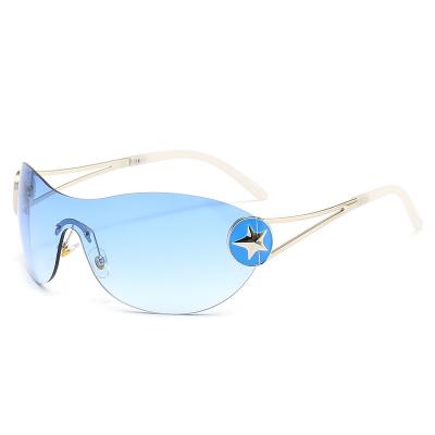 China 2023 Men's Oversized Y2K Rimless Wrap One Piece Shading Five Star Sunglasses Luxury Designer Light Blue Wrap Around Sunglasses for sale