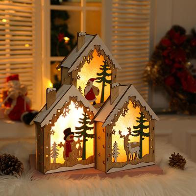 China Woodiness Christmas Decorations Nordic Wooden Luminous Wooden House Five Star Pointed Christmas Tree Ornament for sale