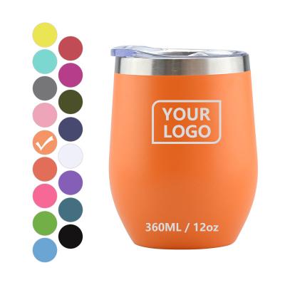 China Disposable Custom Logo 12oz 18/8 Stainless Steel Double Wall Stemless Vacuum Insulated Wine Tumbler With Lid for sale