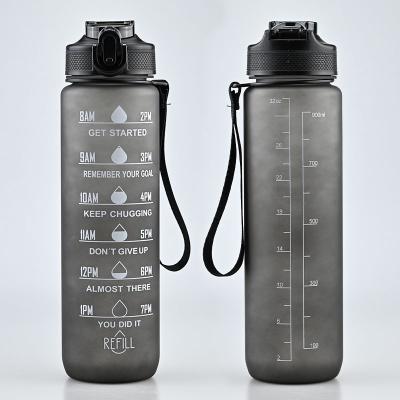 China Custom Bpa Stocked 32oz Big Free Sports Frosted Motivational Workout Plastic Drinking Water Bottle With Time Marker for sale