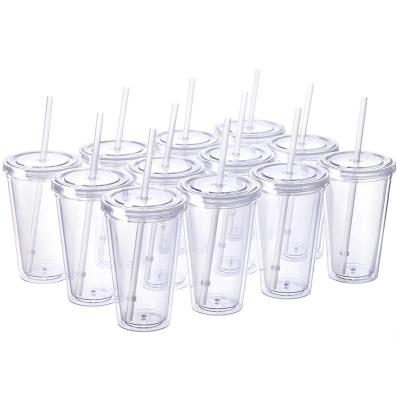 China Custom Logo 16 Ounce 500ml Disposable Classic Insulated Double Wall Tumblers Clear Plastic Acrylic Cup With Lids And Straws for sale