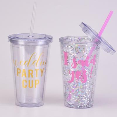 China Custom logo 450ml double wall disposable clear acrylic snowglobe restaurant plastic drink tumbler for sale