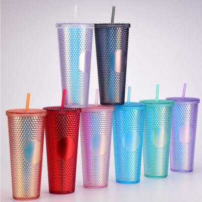 China Large 24 Oz Disposable Reusable Cold Color Diamonds Studded Plastic Tumblers With Studs Black for sale