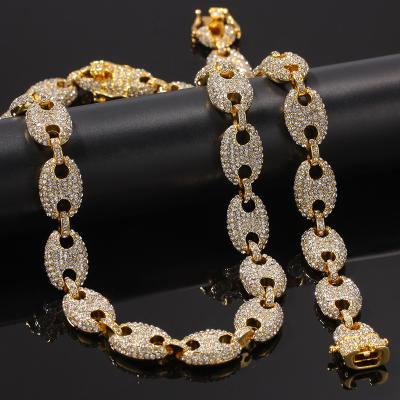 China TRENDY HipHop13MM Gold Plated Iced Out Cuban Link CZ Fork Chain Necklace Diamond Pig Nose Alloy Necklace Bracelets Set Of Full for sale