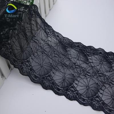 China Small MOQ Workable Nylon Mesh Lace Trim Stretched Net Black Embroidered Flower Lace Trim Black For Dress Border for sale