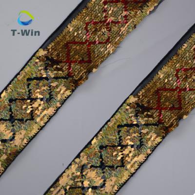 China Sustainable Sequins Decorated Embroidered Braided Mesh Lace Sequin Trim for sale