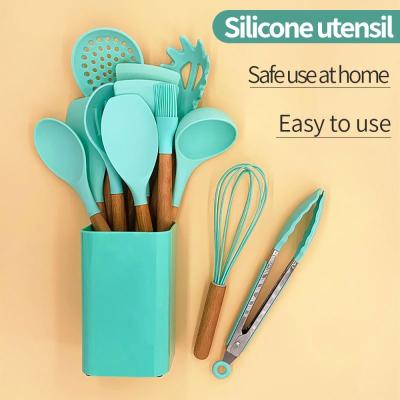 China 13 Pieces Sustainable Popular Selling Wooden Handle Silicone Kitchenware Cooking Set Kitchen Silicone Utensils For Cooking for sale