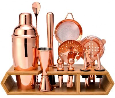 China Desgin's New Viable Hot Selling Rose Gold Cocktail Shaker Making Set With Bamboo Stand for sale