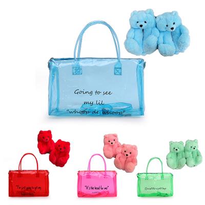 China High Quality 2022 New Custom Clear PVC Spend Night Bag Pink Duffle Sports Bag Overnight Bag And Teddy Bear Slippers Set for sale