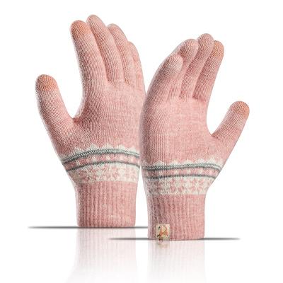 China Stylish High Quality Knitted Women's Winter Warm Double Layer Plus Thick Touch Screen Jacquard Velvet Wool Warm Gloves Student for sale