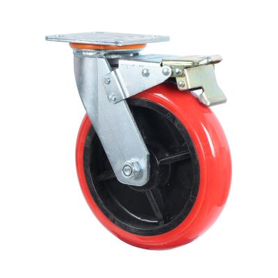 Cina High Quality Red PIVOT PU Wheels Industrial Casters Swivel Casters With Brake in vendita