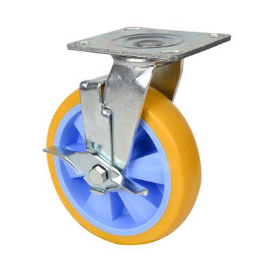 China 8 Inch Rigid PU Swivel Side Brake Caster Yellow Swivel Wheel Heavy Duty Industrial Wheel for sale