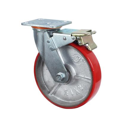 China 200mm Diameter Swivel Rigid Iron Core Polyurethane Heavy Duty Industrial Caster With Brake zu verkaufen