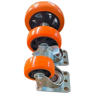 China 4 Inch Double Swivel Flat Free PU Polyurethane Caster Wheel Orange Bearing With Brake zu verkaufen