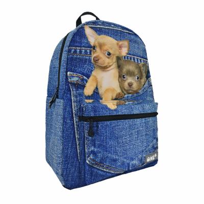 China PRINTING 2019 design ONE2 blue denim pocket dog school backpack for girls, rucksack, dog pattern backpack for sale